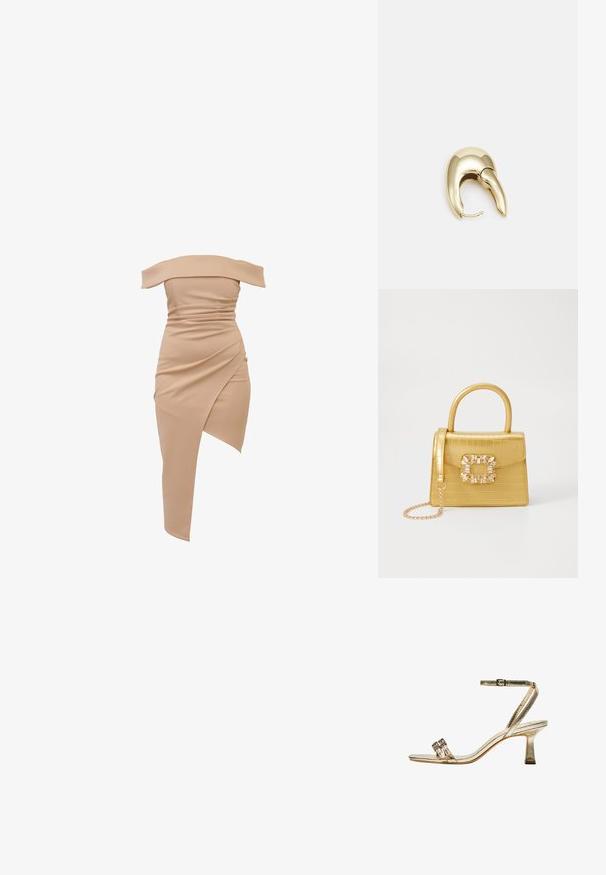 Asymetrické šaty s jedným ramenom v béžovej farbe, s naťahovanou textúrou a diagonálnym lemom na jednej strane, vyrobené z elastickej tkaniny.; Zlaté kovové sandále na vysokom podpätku s popruhom okolo členka, dvoma úzkymi prednými pásmi a blokovým podpätkom. Obsahuje dekoračné ozdoby.; Žltá falošná krokodília kabelka so štruktúrovaným dizajnom, horným držadlom, odnímateľným reťazovým popruhom a dekoratívnym kryštálovým ozdobením na zapínaní.; Náušnice z kovu v zlatej farbe s elegantným, zakriveným dizajnom. Majú charakteristický špicatý tvar, leštený povrch a uzáver na pánt.