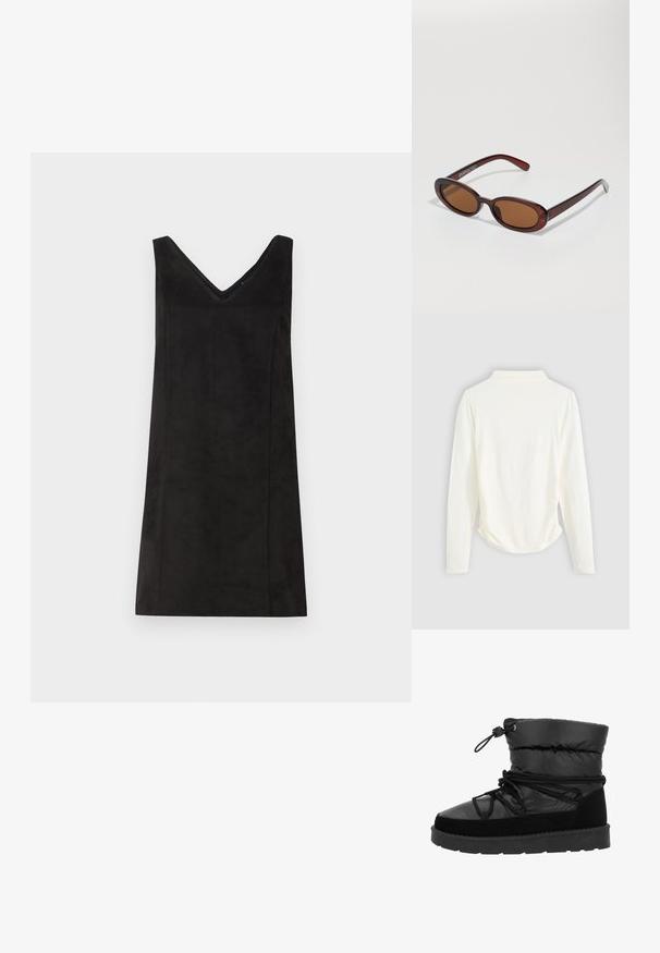 Czarna sukienka bez rękawów z dekoltem w kształcie litery V, wykonana z miękkiego materiału, o prostym kroju i minimalnych detalach. Gładka tekstura.; Długi rękaw w kremowym kolorze, z delikatnym marszczeniem po bokach i klasycznym kołnierzykiem. Gładka tekstura, prosty design.; Czarne ocieplane buty za kolano z wyściełanym cholewką, zamszowymi akcentami, grubą gumową podeszwą i regulowanym sznurkiem dla pewnego dopasowania.; Okrągłe, brązowe okulary przeciwsłoneczne z błyszczącą bordową oprawą. Cienkie ramiona z subtelnym detalem marki. Płaski kształt soczewek.; Wielokolorowa torba skórzana w kolorze burgundowym, o zaokrąglonym kształcie, z grubym uchwytem i zamknięciem na zamek. Charakteryzuje się gładką teksturą oraz plecionym wzorem.