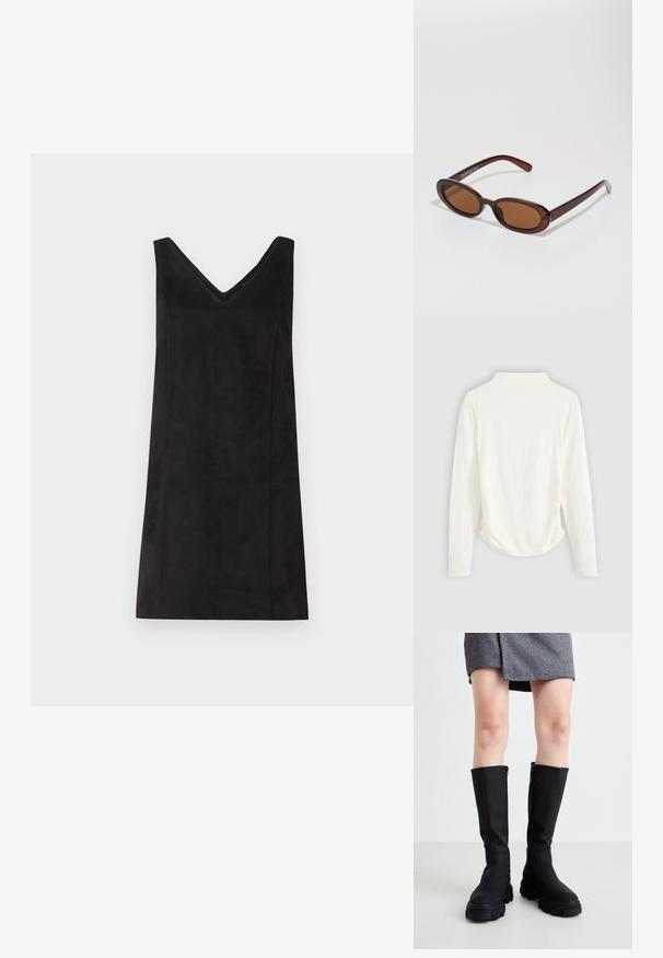 Juoda be rankovių suknelė su V formos iškirpte, pagaminta iš minkštos medžiagos, turinti tiesų kirpimą ir minimalų dekoravimą. Lygus paviršius.; Ilgaapykaklė viršutinė dalis, pagaminta iš krem-color audinio, su nedidelėmis raukšlėmis šonuose ir klasikiniu apykaklės dizainu. Lygi tekstūra, paprastas dizainas.; Juodos iki kelių siekiančios botai su lygia apdaila, masyviais padu ir subtiliu šoninimu. Stilingai derinami su pilku zigzago rašto sijonu.; APvalūs, rudos spalvos saulės akiniai su blizgia burgundinės spalvos rėmeliu. Plonos šakutės su subtiliu ženklinimu. Lygus objektyvo dizainas.