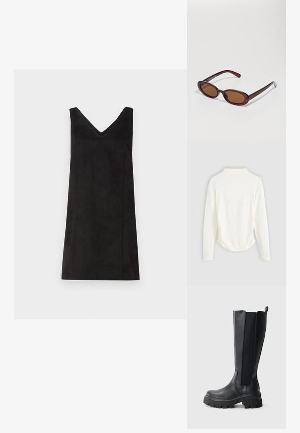 Fekete, ujjatlan ruha V-nyakkal, puha anyagból készült, egyenes szabású, minimalista részletekkel. Sima textúra.; Hosszú ujjú felső krém színű anyagból, enyhe redőzéssel az oldalakon és klasszikus gallérral. Sima textúra, egyszerű kialakítás.; Fekete, térdig érő csizmák, sima bőr felsőrésszel és kontrasztos elasztikus oldalsó panelekkel. Vastag gumitalp, kiemelkedő mintázattal.; Kerek, barna árnyalatú napszemüveg fényes burgundi kerettel. Karcsú karok diszkrét márkázással. Lapos lencse kialakítás.; Szövetelt bordó bőr kézi táska, kerekded formával, vastag fogantyúval és cipzáras nyitással. Simaságot és összefonódott mintázatot mutat.