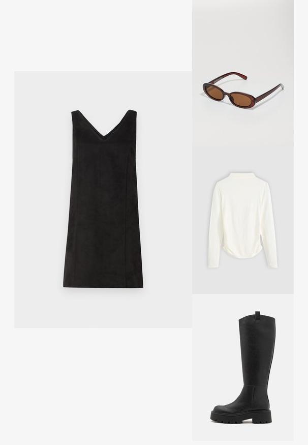 Czarna sukienka bez rękawów z dekoltem w kształcie litery V, wykonana z miękkiego materiału, o prostym kroju i minimalnych detalach. Gładka tekstura.; Długi rękaw w kremowym kolorze, z delikatnym marszczeniem po bokach i klasycznym kołnierzykiem. Gładka tekstura, prosty design.; Czarne, syntetyczne botki do kolan z masywną platformą, okrągłym czubkiem i pętlą na górze. Gładka struktura i minimalny design.; Okrągłe, brązowe okulary przeciwsłoneczne z błyszczącą bordową oprawą. Cienkie ramiona z subtelnym detalem marki. Płaski kształt soczewek.; Brązowa torebka skórzana pleciona o luźnym, trójkątnym kształcie. Posiada pleciony uchwyt i zamek błyskawiczny na górze.