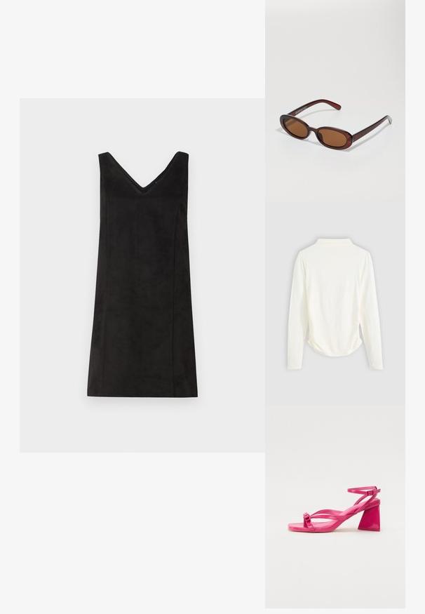 Black sleeveless dress with a V-neck, made from a soft material, featuring a straight cut and minimal detailing. Smooth texture.; Long-sleeve top in cream-colored fabric, featuring a slight gathering at the sides and a classic collar. Smooth texture, simple design.; Pink patent leather heeled sandals with a square toe, narrow straps, and a geometric block heel. Features a buckle detail on the strap.; Round, brown-tinted sunglasses with a glossy burgundy frame. Slim arms with subtle branding detail. Flat lens design.
