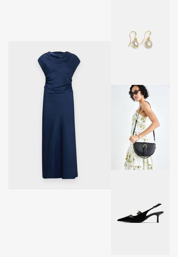 Tamsiai mėlyna, be rankovių maksi suknelė su drapiruotu kaklu ir surinkta juosme. Lygi, lengva medžiaga su grindis siekiančiu siluetu.; Juodos lakuotos odinės slingback kulnų bateliai, su smailiu pirštu, kuriuose yra dvigubi auksiniai sagtelės akcentai ir lieknas stiletto kulnas.; Juodas odinis krepšys su išlenkta forma, nuimamu dirželiu ir auksiniais detalėmis. Krepšys turi kilpą su sagtimi.; Aukso spalvos auskarai su ovalo formos skaidriais kristalais, apjuostais mažesniais skaidriais akmenukais, su kabliuko dizainu, užtikrinančiu saugų dėvėjimą.