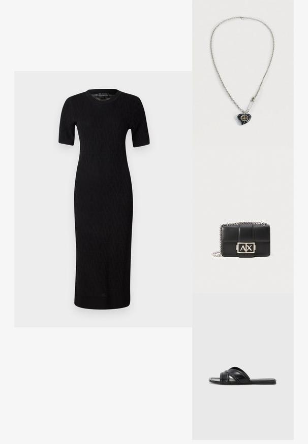 Black knitted midi dress with short sleeves, featuring a geometric pattern and a round neckline. Smooth texture and fitted silhouette.; Black slide sandals with a smooth leather finish, featuring crisscross straps and cut-out details, and a flat, flexible sole.; Black leather handbag with quilted design, silver chain strap, and a prominent silver "AX" logo on the front. Compact rectangular shape.; Silver chain necklace with a heart-shaped black pendant featuring gold detailing and a shiny safety pin attached near the pendant.
