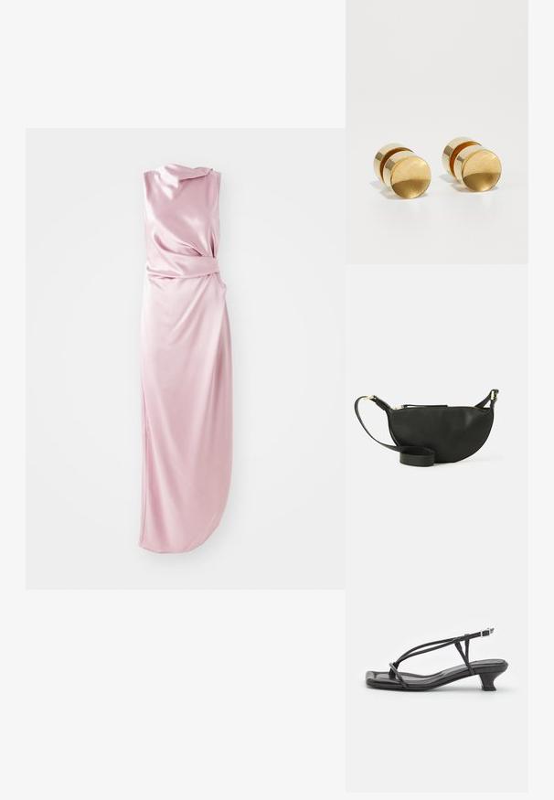 Šilkinis, rožinis suknelė su drapiruotu dizainu, turinti surištą detalę juosmens srityje ir šoninį plyšį, suteikiantį daugiau judesio. Lygus paviršius.; Juodas odinis šlepetės su plonomis dirželiu, mažu blokuoju kulnu ir kvadratiniu pirštu. Yra sagties uždarymas ir lygus paviršius.; Juodas odinis per petį nešiojamas krepšys pusmėnuliu, su tekstūruota paviršiumi, auksiniu užtrauktuku ir plokščiu dirželiu. Kompaktiškas dizainas, tinkantis būtiniausiems daiktams.; Aukso metaliniai auskarai su paprasta apvalia forma, pasižymintys lygiu paviršiumi ir centriniu poliruotu juosteliu. Išmatavimai maždaug 1 cm skersmens.