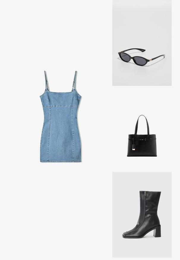 Sininen farkkuasu vaalean sinisenä, johon kuuluu ohuet hihnat, jämäkkä bodice ja vartalonmyötäinen siluetti sauma- yksityiskohdilla sekä suora pääntie.; Mustat nahkasaappaat nilkkamallia, joissa on neliön muotoinen varvas, sivuvetoketju ja jämäkkä, neliön muotoinen korko. Edessä on kontrastiväriset tikkaukset.; Mustat aurinkolasit, joissa on ovaalit linssit, tummat sävygradientit ja kapeat varret, joissa on hienovaraiset kultaiset yksityiskohdat. Sileä muovipinta.; Mustavalkoinen nahkakassi, jossa on kaksi kantokahvaa, ohut koristevyö ja pieni roikkuva lukko-helmi valkoista taustaa vasten.