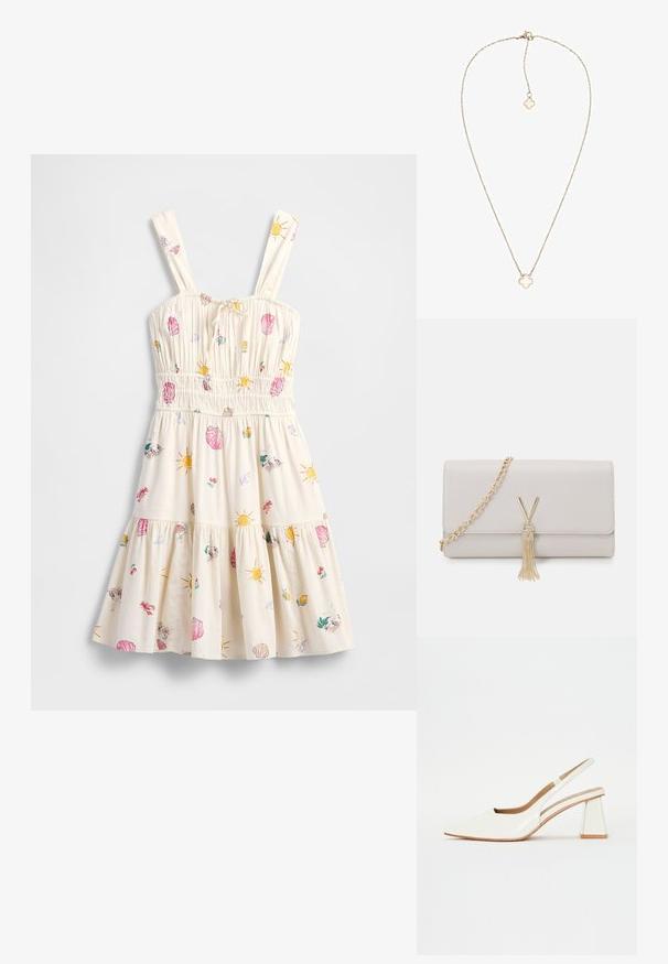Vestido beige claro con tirantes finos, corpiño fruncido, falda de volantes y estampados coloridos de conchas y soles. Hecho de tela suave con un ajuste relajado.; Zapato de tacón blanco de charol con punta afilada y un tacón en bloque geométrico. El interior cuenta con una plantilla beige y cortes laterales mínimos.; Bolso de mano de imitación cuero gris claro con cadena dorada, que presenta un cierre en forma de V y un detalle de borla. Textura suave, forma rectangular.; Collar de cadena en tono dorado con un colgante en forma de flor y un centro translúcido. Enlaces delicados y cierre de langosta.