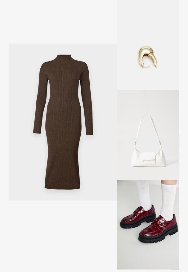 Sukienka z długim rękawem, w ciemnym brązie, o prążkowanej fakturze. Wysoka szyja i dopasowany fason, sięgający do długości midi. Gładka struktura z delikatnym rozciągnięciem.; Bordowe lakierowane buty na grubych czarnych podeszwach, z podwójnym paskiem z sercem i prążkowymi białymi skarpetami. Retro design z grubą powierzchnią. ; Biała syntetyczna torba o trójkątnym kształcie, płaskim przednim klapce i detalach w postaci kokardy, regulowanym pasku, gładkiej fakturze oraz minimalistycznym designie.; Złote metalowe kolczyki o eleganckim, zakrzywionym kształcie. Posiadają charakterystyczny szpiczasty kształt, polerowaną powierzchnię oraz zapięcie na zawias.