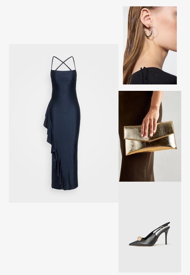 Navy satiinimekko ohuiden ristikkäisten hihnojen kanssa, epäsymmetrinen kihara yksityiskohta sivussa, istuva siluetti ja polven pituinen helma.; Mustat nahkaiset slingback-korkokengät, joissa on terävä toe, kultainen pallo-aksentti ja hoikka korko. Ympärillä nilkkaa on leikattu muotoilu.; Kultainen metallinen käsilaukku, jossa on sileä pinta ja kolmiomainen läppä suljin. Käsivarsi, joka pitää sitä, on siististi hoidettuine kynsineen.; Hopea renkaankorvakoru kiiltävällä pinnalla, jossa on pieniä kultaisia yksityiskohtia ja pyöreä muoto, käytetty korvalla.