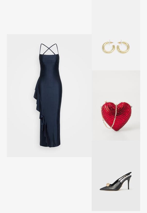 Tumesat silmusega satiinist kleit, millel on õhukesed risti minevad sangad, asümmeetriline volaan detail küljel, kehakinnitus siluett ja põlvini ulatuv lõpp.; Mustast nahast slingback-tasapinna kingad terava varbaga, kuldne pallikujuline aksessuaar ja peen kont. Üksikasjades on välja lõigatud disain sinna, kus pahkluu.; Punane südamekujuline käekott mosaiikmustriga, millel on metallik kuldne ahela rihm ja klambri sulgemine ülaosas. Läikiv tekstuur.; Kuldne rõngassõrmused sileda ja läikiva viimistlusega. Ringikujuline disain, millel on väike post ja selge tagumine külg, et tagada kindel kandmine.