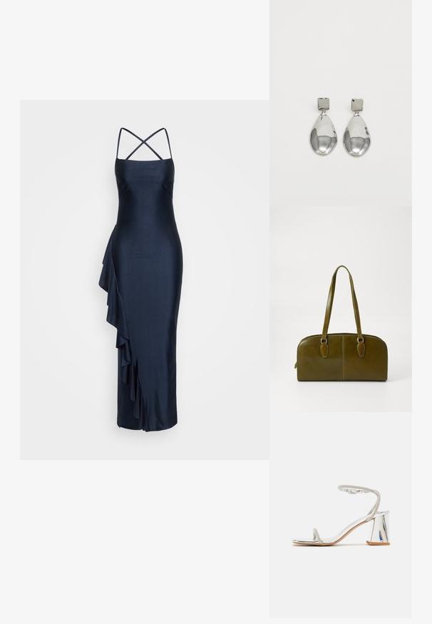 Marinblå sidosatindress med tunna korsade axelband, asymmetrisk volangdetalj på sidan, figursydd silhuett och knälång fåll.; Silverfärgad sandal med en bred, metallisk klack, tunna remmar och ett texturerat ankelsnöre prydligt dekorerat med små rhinestones. Platt sula.; Olivgrön läderhandväska med rundad form, dubbla handtag och sömlig front. Har en len yta och subtila sömnadsdetaljer.; Silvriga droppörhängen med en kvadratisk stift, med en slät, polerad yta och en tårform, som reflekterar ljus med en glansig yta.