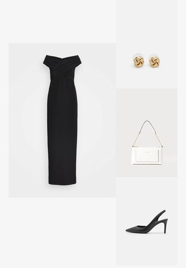 Fekete, váll nélküli maxi ruha keresztbe pletykázott testrésszel és karcsú sziluettel. Simább anyag, földig érő kivitel hátul cipzáras zárással.; Fekete bőrszíjjal ellátott magassarkú cipők, hegyes orral, elöl kivágott dizájnnal és vékony stiletto sarkakkal.; Fehér bőr kézitáska, texturált felülettel, arany lánccal és fekete részletekkel. Elülső zsebbel és cipzáros zárással rendelkezik.; Arany színű csomó fülbevalók, csavart formával. Minden fülbevaló mögött egy kör alakú átlátszó támasz található a biztonságos viselés érdekében.
