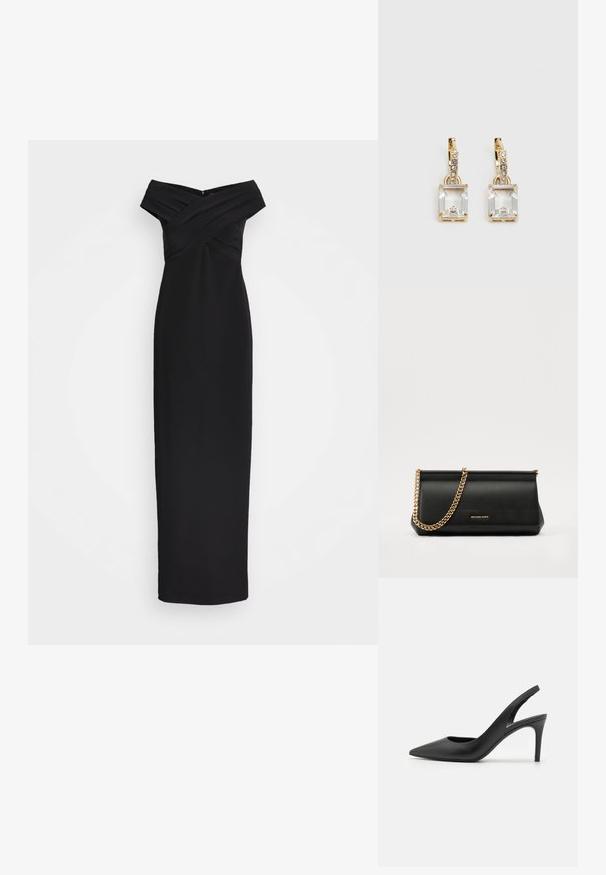 Fekete, váll nélküli maxi ruha keresztbe pletykázott testrésszel és karcsú sziluettel. Simább anyag, földig érő kivitel hátul cipzáras zárással.; Fekete bőrszíjjal ellátott magassarkú cipők, hegyes orral, elöl kivágott dizájnnal és vékony stiletto sarkakkal.; Fekete bőr kisméretű táska arany lánccal, sima felülettel, téglalap alakú, és dombornyomott márkázással az elején.; Aranyszínű fülbevalók, melyek egy téglalap alakú, tiszta kristállyal díszítették, ami egy sor kis, kerek, tiszta kiegészítő alatt lóg. Letisztult, modern dizájn.