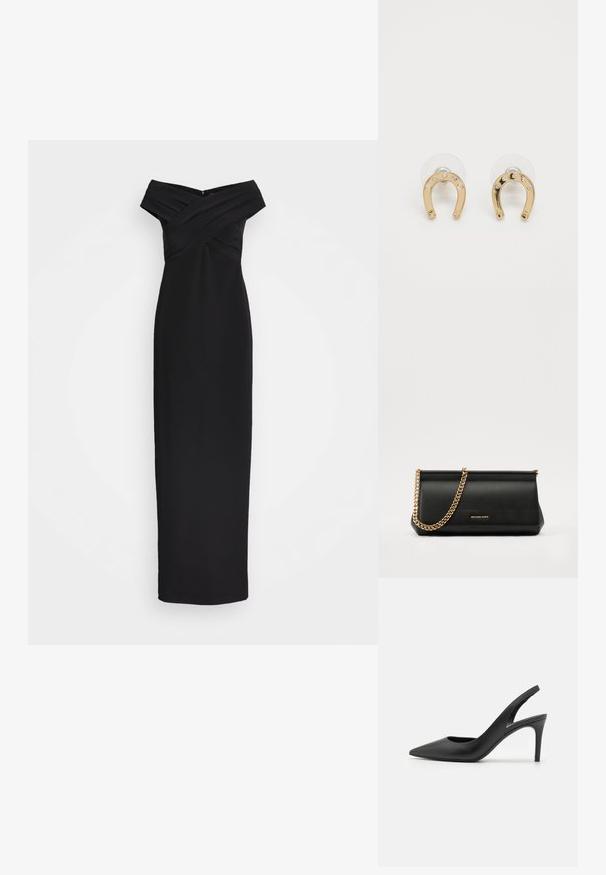 Black, off-the-shoulder maxi dress with crossed pleated bodice and slim silhouette. Smooth fabric, floor-length design with back zipper closure.; Black leather slingback high heels with a pointed toe design, featuring a cutout at the front and a thin stiletto heel.; Black leather clutch bag with a gold chain strap, featuring a smooth texture, rectangular shape, and embossed branding on the front.; Gold horseshoe-shaped stud earrings with six small clear gemstones on each, displayed on transparent backing against a white background.