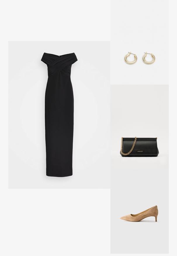 Mustatyylinen, olkaimeton maksimekko, jossa on ristikkäin laskostettu bodice ja kapea siluetti. Tasainen kangas, lattiatason muotoilu, jossa on takana vetoketjukiinnitys.; Beige mokkasini korkea korko, matalalla kitten-kiilalla, sivuprofiili valkoista taustaa vasten.; Musta nahkainen clutch-laukku, jossa on kultaketju, sileä pinta, suorakulmainen muoto ja kohokuvioitu brändimerkintä edessä.; Lauren Ralph Lauren BASIC SMALL HOOP - Korvakorut - gold-coloured
