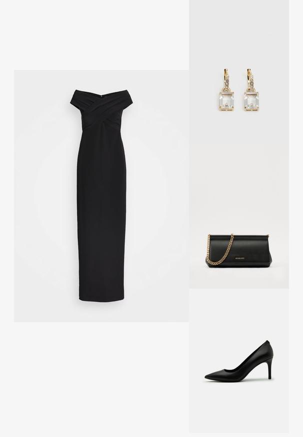 Robe maxi noire, décolletée une épaule avec un corsage plissé croisé et une silhouette slender. Tissu lisse, design longueur sol avec fermeture éclair au dos.; Escarpin noir à talon haut en cuir lisse, présentant un bout pointu et un talon stiletto fin. Design minimaliste sans ornements visibles.; Sac à main en cuir noir avec une bandoulière en chaîne dorée, présentant une texture lisse, une forme rectangulaire et une marque embossée à l'avant.; Boucles d'oreilles en or lumineux avec un cristal rectangulaire transparent pendent sous une rangée de petits accents ronds transparents. Design élégant et moderne.