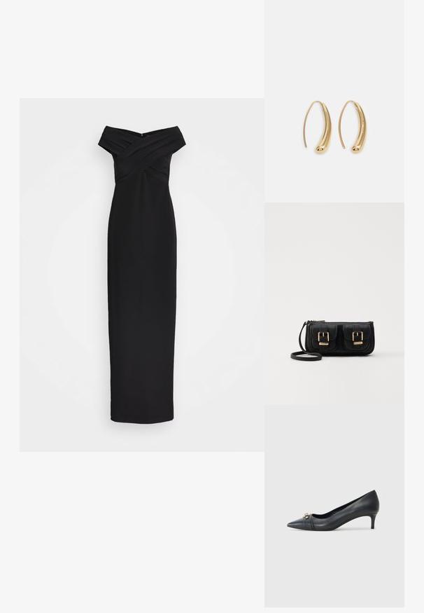 Abito lungo nero, off-the-shoulder, con corpetto plissettato incrociato e silhouette aderente. Tessuto morbido, design fino al pavimento con chiusura con cerniera sul retro.; Pump nera in pelle con punta affusolata e tacco basso, caratterizzata da una tracolla testurizzata e un accento metallico sul davanti. Superficie liscia e design elegante.; Borsa a tracolla nera in pelle con due tasche frontali, fibbie dorate, chiusura con zip e una tracolla sottile. Superficie texturizzata e forma rettangolare compatta.; Orecchini a cerchio in metallo color oro con forma curva ed allungata. Presentano una superficie liscia e lucida e una punta arrotondata per un tocco di dettaglio in più.