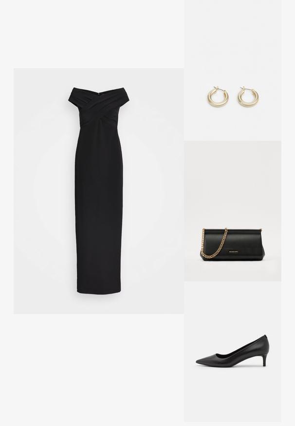 Schwarzes, schulterfreies Maxikleid mit gekreuztem, gefaltetem Oberteil und schlanker Silhouette. Glatter Stoff, bodenlanges Design mit Reißverschlussverschluss auf der Rückseite.; Schwarze Leder-Pumps mit spitzer Zehenpartie und niedrigem Absatz. Glatte Textur, elegantes Design und subtile Details am Absatz.; Schwarze Leder-Clutch mit einer goldenen Ketten-Trage, die eine glatte Oberfläche, rechteckige Form und geprägtes Branding auf der Vorderseite aufweist.; Lauren Ralph Lauren BASIC SMALL HOOP - Ohrringe - gold-coloured