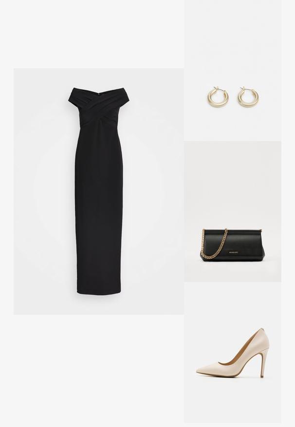 Schwarzes, schulterfreies Maxikleid mit gekreuztem, gefaltetem Oberteil und schlanker Silhouette. Glatter Stoff, bodenlanges Design mit Reißverschlussverschluss auf der Rückseite.; Beige High Heel-Pumps, spitze Zehen, glatter Leder-Look, schlanker Stiletto-Absatz, minimalistisches Design mit einem subtilen Rückendetail.; Schwarze Leder-Clutch mit einer goldenen Ketten-Trage, die eine glatte Oberfläche, rechteckige Form und geprägtes Branding auf der Vorderseite aufweist.; Schwarze Leder-Clutch mit einer goldenen Ketten-Trage, die eine glatte Oberfläche, rechteckige Form und geprägtes Branding auf der Vorderseite aufweist.; Lauren Ralph Lauren BASIC SMALL HOOP - Ohrringe - gold-coloured