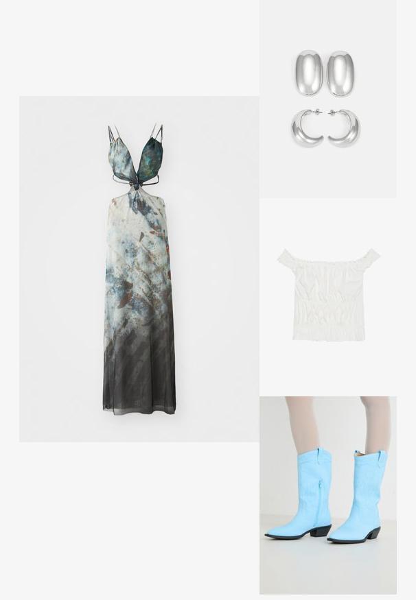 Maxi haljina s podesivim tankim naramenicama, koja ima apstraktni uzorak u plavim, sivoj i smeškovim nijansama, izrađena od prozračnog i tekućeg materijala.; Bijela bluzica bez naramenica s volanima, naboranom teksturom i elastičnom gumicom u struku. Izrađena od mekanog pamučnog materijala.; Svijetloplave kaubojke s vezenim detaljima, bočnim patentnim zatvaračem, šiljastim vrhom i složenom crnom petom. Glatka kožna tekstura.; Set srebrnih naušnica: dva ovalna studa i dva polumjesečasta obruča, s sjajnom, glatkom završnom obradom i zaobljenim dizajnom.