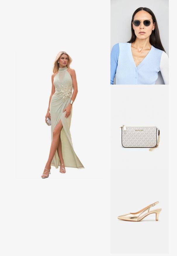 Robe halter neck vert menthe avec des détails en mesh, design floral embellis, fente haute et tissu fluide, accompagnée d'accessoires en argent.; Chaussure slingback dorée en métal avec un bout pointu, un léger talon et une sangle réglable. Texture lisse, design épuré et côtés ouverts.; Lunettes de soleil rondes avec verres sombres et monture en or. Le modèle porte un cardigan à côtes bleu clair avec des boutons et des manches blanches contrastantes.; Porte-monnaie Michael Kors en toile enduite beige avec un motif répété de logo MK, des accessoires en or et une bandoulière en chaîne amovible.