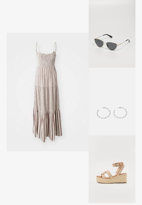 Maxi suknelė su plonais petnešėlėmis, raukinėta liemene ir sluoksniuota apdaila. Puošia kintančios rudos ir kreminės spalvos vertikalios juostos.; Pleišai su jutinio pado, bežinės audinio viršaus ir dviem kryžminėmis juostelėmis. Reguliuojama kulkšnies juosta su metaliniu sagtimi.; Auksinės metalinės rėmo akinių nuo saulės su tamsiais objektyvais, katės akies formos, ir juodomis šventyklų rankenėlėmis, kurių vienoje pusėje yra vaivorykštinis akcentas.; Sidabriniai auskarai žiedai su sukto dizaino, turintys poliruotą apdailą ir fiksavimo smeigtuką. Skersmuo maždaug 3 cm.