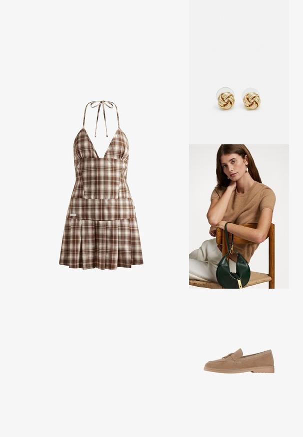 House of Sunny THE HOXTON CHECK DRESS - Day dress - multi-colored; Suede loafers in light beige with a rounded toe, featuring a decorative strap and gold-toned detailing, set on a light rubber sole.; Brown short-sleeve sweater paired with a green leather bag featuring a curved design and gold hardware detail, sitting on a wooden chair.; Gold-tone knot stud earrings with a twisted design. Each earring features a circular clear backing for secure wear.