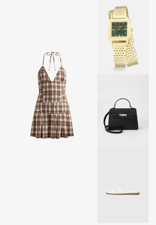 House of Sunny THE HOXTON CHECK DRESS - Day dress - multi-colored; White flat slide sandal with a minimalist design, featuring two crossed straps and gold-tone hardware accents on a brown sole.; Black leather handbag with a structured design, top handle, detachable shoulder strap, and gold-toned hardware. Features a front clasp closure.; Gold square wristwatch with a green gradient dial, gold hour markers, and a mesh bracelet. Brand name "CLUSE" displayed on the dial.; Gold-tone knot stud earrings with a twisted design. Each earring features a circular clear backing for secure wear.