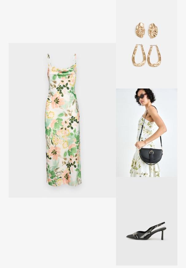 Rochie slip florală, cu nuanțe de roz pal, verde și crem, cu decolteu în formă de cuib, bretele subțiri și o textura netedă.; Pantofii slingback din piele lăcuită neagră, cu vârf ascuțit, bretele pentru gleznă cu catarame și accesorii din argint, și un toc subțire.; Geantă din piele neagră, cu o formă curbată, curea detașabilă și accesorii aurii. Geanta are un capac cu un detaliu tip cataramă.; Cercei aurii cu forme texturate și ondulate. Include studs sculpturale cu clip și un design de cerc deschis cu un finisaj cioplit.