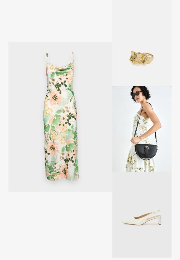 Ziedu kleita ar pastelīgiem rozā, zaļiem un krēma toņiem, ar peļānas kakla izgriezumu, plāniem plecu siksniņām un gludu tekstūru.; Balta patent ādas sandale ar norādītu purngalu un zemu blokus papēdi. Satur smalku siksniņu ar zelta krāsas sprādzi.; Melnas ādas rokassoma ar izliekta formu, noņemamu siksnu un zelta aksesuāriem. Somai ir vāciņš ar sprādzes detaļu.; Zelta gredzens ar teksturētu, viļņotu dizainu, kas rotāts ar trim izteiktām virsotnēm. Gluda, spīdīga virsma ar atvērtu joslu, lai to varētu pielāgot.