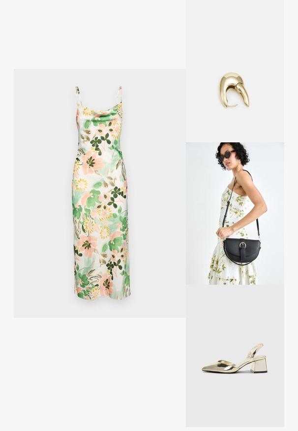 Virágmintás, lágy rózsaszín, zöld és krém színárnyalatokkal rendelkező csúszóruha, fodros nyakkivágással, vékony pántokkal és sima textúrával.; Arany, fémből készült slingback sarkú cipők hegyes orral és vastag sarokkal. Simaság, minimalista design és keskeny pánt jellemzi.; Fekete bőrtáska ívelt formával, levehető pánttal és arany színű fémrészekkel. A táskán egy csattal díszített fedél található.; Aranyszínű fém fülbevaló, elegáns, ívelt formával. Különleges hegyes alak, fényes felszín és zsanéros záródás jellemzi.