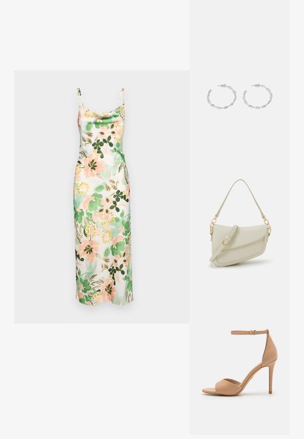 Cvjetna haljina bez rukava s pastelnim nijansama ružičaste, zelene i kreme, koja ima dekolte s naborima, tanke naramenice i glatku teksturu.; ALDO CRERIDE PILLOW WALK - Sandale - beige; Mala krem torbica s teksturiranim finišom, dugačkim podesivim remenom, lančanim detaljem i preklopom. Zlaćani hardver.; Srebrne naušnice s obručima i uvijenim dizajnom, s poliranim završetkom i pričvršćivanjem na stražnjoj strani. Mjere otprilike 3 cm u promjeru.