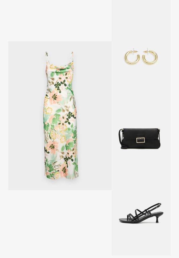 Kukkapainatteinen liukuva mekko, jossa on vaaleanpunaisia, vihreitä ja kermaisia sävyjä, kaareva kaula-aukko, ohuet hihnat ja sileä rakenne.; Musta korkeakorkoiset sandaalit, joissa on useita ristikko-nauhoja. Sileä materiaali, teräväkärkinen malli ja kapea korko. Säädettävä nilkkahihna soljella.; Musta nahkainen kynäpenkkilaukku, jossa on läppä ja kultainen metallinen solkiyksityiskohta. Mukana musta hihna ja tyylikäs, minimalistinen muotoilu.; Kultaketjut kullasta, joissa on sileä, kiiltävä pinta. Pyöreä muotoilu, jossa on pieni tappi ja kirkas taustalevy turvalliseen käyttöön.