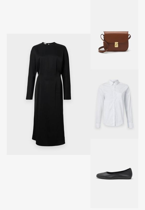 Rochie neagră cu mâneci lungi și decolteu rotund, confecționată dintr-un material neted, cu o croială dreaptă și detalii de cusătură subtile.; Cămașă albă cu mânecă lungă din bumbac. Prezintă un guler cu nasturi, guler ascuțit și o buzunar pe piept pe partea stângă.; Balerini din piele neagră, cu vârf rotund, textură netedă, detalii de cusătură minimale și un design al tălpii flexibil.; Geantă de piele maro cu închidere tip capac, accesorii de culoare aurie, curea de umăr și o textură netedă. Formă compactă și rectangulară.