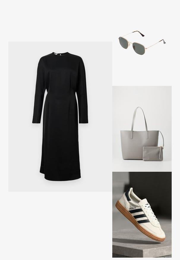 Černé dlouhé šaty s dlouhým rukávem, kulatým výstřihem, vyrobené z hladké tkaniny, s přímým střihem a jemnými švy.; Bílé semišové tenisky s námořnickými pruhy, gumovou podrážkou, texturovaným svrškem, kulatou špičkou a šněrováním; obsahují branding na boku a na jazyku.; Sluneční brýle s kovovým zlatým rámem a tmavě zelenými skly, styl aviatorek, s úzkými obroučkami a želvovinovými akcenty na špičkách.; Šedá syntetická taška s dvěma dlouhými uchy a odpovídající malou zipovou taštičkou se střapcem. Hladký povrch s jemným vzorem.
