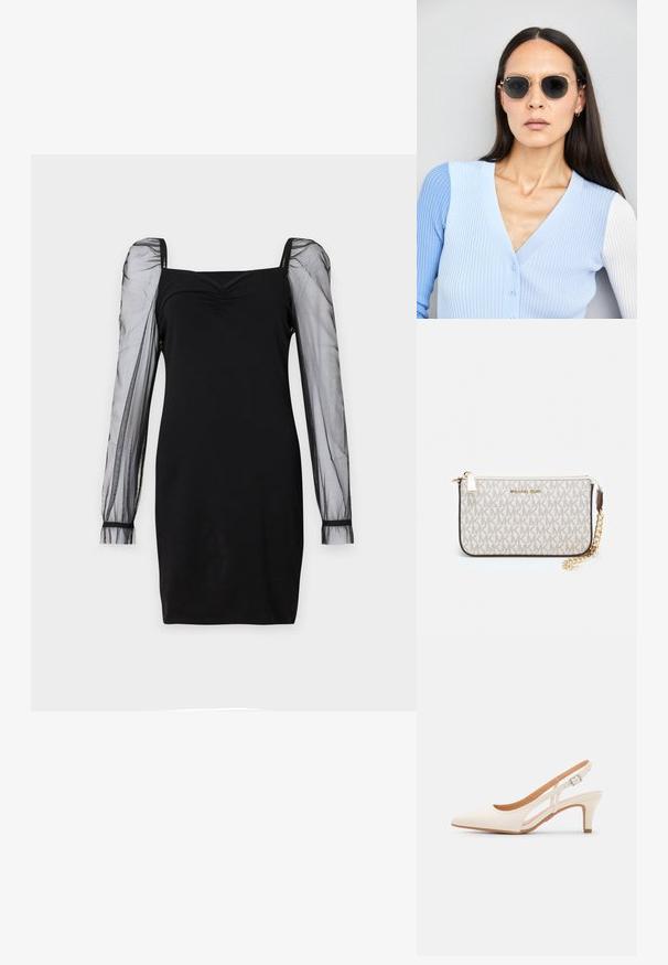 Black dress featuring a square neckline, fitted bodice, and sheer long puff sleeves with cuffs. Smooth texture with a sleek silhouette.; White slingback heel with a pointed toe, smooth upper material, low block heel, and side cut-out design with adjustable buckle strap.; Round sunglasses with dark lenses and gold frames. The model wears a light blue, ribbed cardigan with buttons and contrast white sleeves.; Michael Kors wristlet in beige coated canvas featuring a repeating MK logo pattern, gold hardware, and a detachable chain strap.