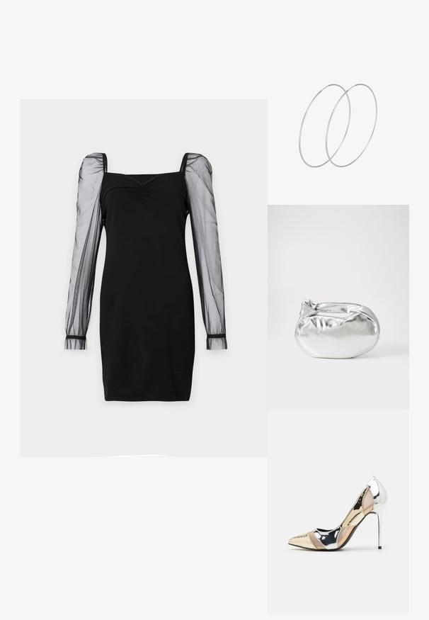 Juodas suknelė su kvadratine iškirpte, prigludusia liemene ir permatomomis ilgomis pūstomis rankovėmis su rankogaliais. Lygus paviršius su elegantiška siluetu.; Aštrus pirštas aukštakulnis batelis su sidabro, aukso ir nuogų spalvų deriniu. Blizgus paviršius su išpjovos dizainu, su stiletto kulnu.; Sidabrinė metalinė maišelio forma su švelnia, apvalia forma ir mazgu užveriamu viršumi. Pagaminta iš lygios dirbtinės odos medžiagos.; Sidabrinės pusmėnulio auskarai minimalistiniu dizainu. Apskritimo forma, lygus paviršius ir plonas profilis. Lengvi su poliruotu apdailu.