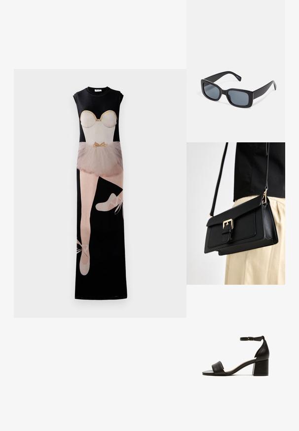 Dolge črne obleke z grafiko baletnega plesalca, bež korpusom, tutu krilom in baletnimi čevlji, z svetlo zlatimi poudarki.; Črne salonarjev na visoki peti z zapestnico okoli gležnja, z gladkim usnjem zgornjega dela in kvadratnim odprtim prstom. Block peta za stabilnost.; Črne pravokotne sončna očala z temno obarvanimi lečami, debelim plastičnim okvirjem in širokimi nogicami. Gladka površina in ostri oblikovni detajli.; Črna torba iz umetnega usnja z zapiranjem na zaponko z zlatim tonom, ravne oblike in nastavljivim trakom, prikazana na svetli podlagi.