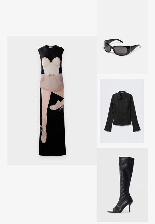 Dlouhé černé šaty s grafikou baletky, béžovým živůtkem, tylovou sukní a baletními botami, s jemnými zlatými akcenty.; Černá dámská bunda s dlouhým rukávem, předním zipem, širokými manžetami a límcem, položená na světle šedém pozadí.; Černé syntetické kožené vysoké boty do kolen s špičatým otevřeným prstem a vysokým jehlovým podpatkem. Texturovaný svršek a hladký povrch.; Černé sluneční brýle s lesklými plastovými rámy, gradientní šedé čočky a stříbrnými akcenty po stranách. Hladký, zakřivený design.