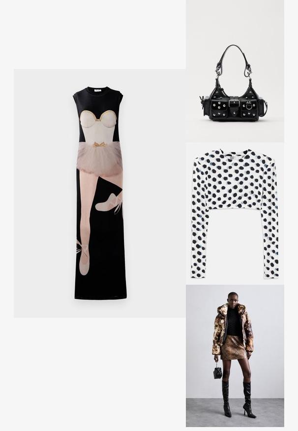 Dlouhé černé šaty s grafikou baletky, béžovým živůtkem, tylovou sukní a baletními botami, s jemnými zlatými akcenty.; Krátký dámský top s dlouhými rukávy z elastického bílého materiálu s černými puntíky, hladkou texturou a kulatým výstřihem.; Puffa bunda s hnědým a černým vzorem, zkombinovaná s hnědou mini sukní s hadím vzorem, černými vysokými botami a malou černou taškou.; Černá kožená kabelka s křivkovým designem, zdobená stříbrnými hřebíky, s přezkou a dvěma bočními kapsami. Nastavitelný popruh pro různé možnosti nošení.