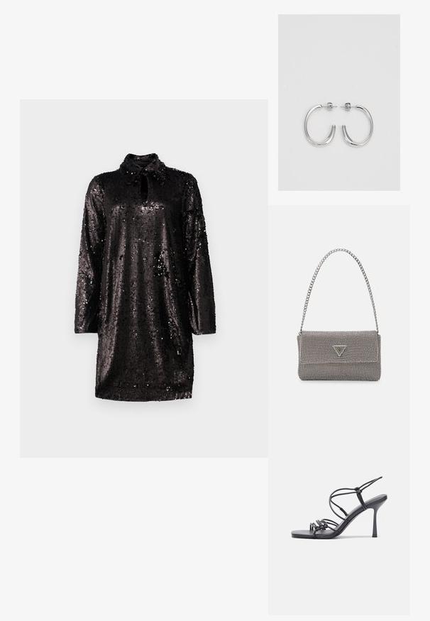 Fekete, flitteres ruha gallérral, kulcslyuk kivágással és hosszú ujjakkal. Az anyag fényes, texturált felülettel rendelkezik, amely az átfedő flitterekből adódik.; Fekete magas sarkú szandálok vékony pántokkal, csomózott mintával, sima négyzetes orral és karcsú stiletto sarkal rendelkeznek.; Világosszürke fémes kézitáska lánc pánttal, kis kör alakú fém kifinomult díszítéssel és háromszög alakú márkagéppel.; Ezüst karika fülbevalók sima, fényes felülettel. Lekerekített forma, könnyű kialakítással, tűs zárómechanizmussal.