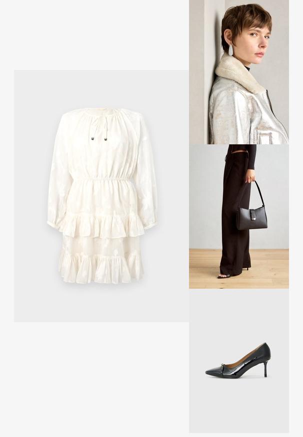 Biele šaty s dlhými rukávmi, okrúhlym výstrihom, viazaním a vrstveným volánovým lemom. Kvetinový vzor embosovaný na textúrovanej tkanine.; Čierna lakovaná vysoká podpätková topánka s ostrým špičkou, dekoratívnym remienkom vpredu a tenkým stiletto podpätkom.; Čierna kabelka so štruktúrovaným tvarom, hladkou textúrou a kovovou sponou. V kombinácii so širokými čiernymi nohavicami a sandálmi s otvorenou špičkou na drevenej podlahe.; Strieborná metalická kožená bunda s ovčím golierom, ktorá má zips a štruktúrovaný povrch. Veľké slzovité náušnice s priehľadnými drahokamami.