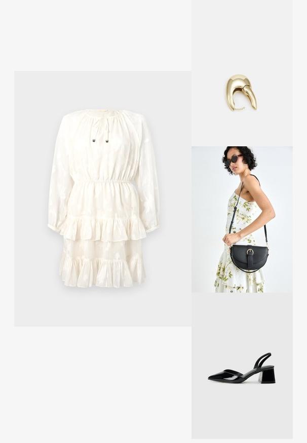 Bílé šaty s dlouhými rukávy, kulatým výstřihem, uzavíráním na mašli a vrstveným volánkovým lemem. Květinový vzor embosovaný na strukturované látce.; Černé lakované kožené lodičky na pásku s špičatou špičkou a geometrickým blokovým podpatkem. Vyznačují se elegantním, minimalistickým designem a hladkým povrchem.; Černá kožená kabelka s křivkovým tvarem, odnímatelným popruhem a zlatými detaily. Kabelka má klopu s přezkou.; Náušnice ve zlatém tónu z kovu s elegantním zakřiveným designem. Vyznačují se jedinečným špičatým tvarem, lesklým povrchem a závěsem na kloub.