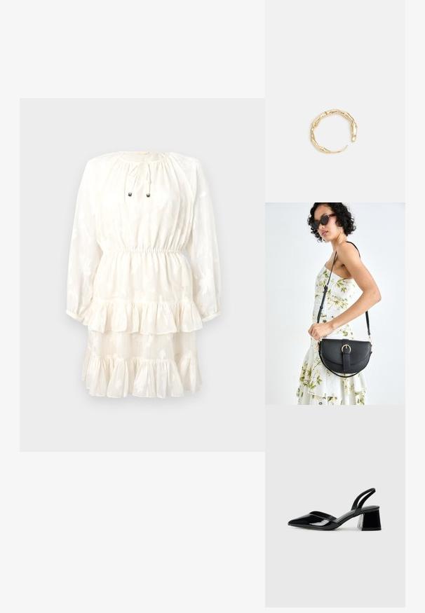 Balta kleita ar garām piedurknēm, apaļu kakla izgriezumu, aukliņu aizdari un slāņainu pušķotu apakšdaļu. Ziedu raksts iepresēts tekstūrētā audumā.; Melna lakota āda ar atvērto papēdi, ar smailu purngalu un ģeometrisku blokpapēdi. Iezīmējas elegants, minimāls dizains un gluda tekstūra.; Melnas ādas rokassoma ar izliekta formu, noņemamu siksnu un zelta aksesuāriem. Somai ir vāciņš ar sprādzes detaļu.; Zelta toņa gredzens ar organisku, vērptu dizainu, gludu virsmu un sašaurinātiem galiem, radot mūsdienīgu, skulpturālu izskatu.