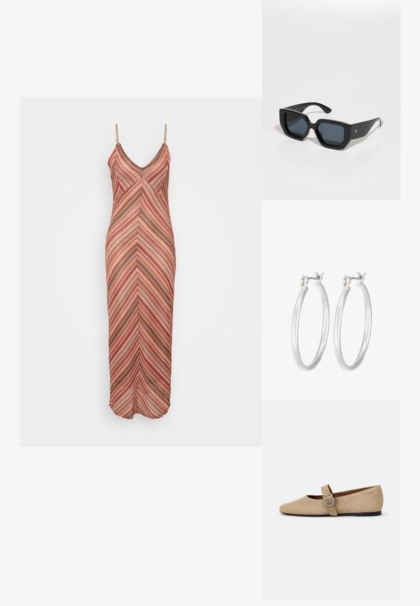 Maksī kleita ar siksnām, kurai ir žakarda raksts rozā, oranžā un brūnā krāsā, izgatavota no viegla, tekstūrēta auduma.; Bežā zelta zamšādas Mary Jane kurpes ar asu purngalu un vienu regulējamu siksniņu ar sudraba sprādzi. Melna plakana zole.; Melnas lielas saulesbrilles ar ģeometrisku dizainu, taisnstūrveida lēcas un spīdīgu apdari. Uz priekša nav redzama zīmola.; Sudraba riņķveida auss gredzeni ar gludu, pulētu apdari. Apaļa forma un drošs klikšķa augšējais slēgums. Viegls dizains, kas piemērots ikdienas valkāšanai.