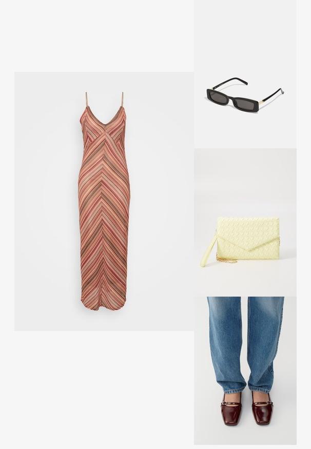 Maxi haljina s trakama s uzorkom chevron u nijansama ružičaste, narančaste i smeđe, izrađena od lagane, teksturirane tkanine.; Burgundske lakirane cipele sa četvrtastim vrhom i remenom oko gležnja, uparene s svijetloplavim širokim trapericama. Cipele imaju sjajnu završnu obradu.; Crne pravokutne sunčane naočale s tamnim lećama, sjajnim plastičnim okvirom i zlatnim akcentima na sljepoočnicama. Minimalistički dizajn i elegantan oblik.; Žuta pletena novčanica s preklopnim dizajnom, odvojivim remenom za zapešće i zlatnim lancem kao ukrasom. Glatka tekstura i pravokutni oblik.; Zlatne kružne naušnice s glatkom, sjajnom završnom obradom. Kružni dizajn s malom potporom i prozirnom podlogom za sigurno nošenje.