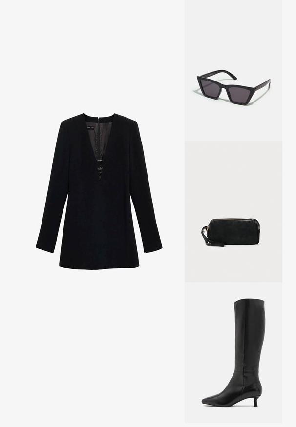 Crna haljina dugih rukava s dubokim V-izrezom, središnjim detaljem s kopčom i skrivenim zatvaračem na leđima; izrađena od glatkog materijala.; Zign Čizme - black; Crne, uglaste sunčane naočale sa sivoj lećama; izrađene od plastike, imaju debele nogice s glatkom površinom i bez vidljivih metalnih dijelova.; Crna suđena torbica s patentnim zatvaračem i odvojivim ručnim remenom. Ima zlatne metalne detalje i glatku, mat teksturu.