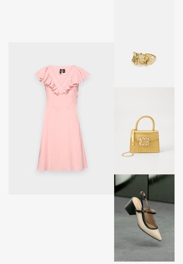 Rozā kleita līdz ceļiem ar V veida kakla izgriezumu un plandošiem piedurknēm. Izgatavota no viegla auduma, ar pieguļošu augšu un platāku svārku.; Beige smailā purngalā siksnu kurpe ar melnu akcentu, zelta sprādzi un masīvu bloku papēdi uz pelēka grīdas ar tumši zaļu fonu.; Dzeltena mākslīgā krokodila roku soma ar strukturētu dizainu, augšējo rokturi, noņemamu ķēdes siksniņu un dekoratīvām kristāla rotājumiem aizdares daļā.; Zelta gredzens ar teksturētu, viļņotu dizainu, kas rotāts ar trim izteiktām virsotnēm. Gluda, spīdīga virsma ar atvērtu joslu, lai to varētu pielāgot.