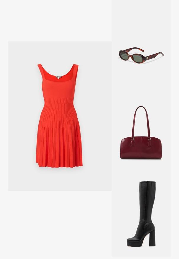 Abito in maglia a coste rosso con scollatura quadrata e design senza maniche. La gonna presenta delle pieghe, creando una silhouette svasata.; Stivali neri al ginocchio realizzati in pelle liscia con finitura testurizzata, con un alto tacco quadrato e una punta rotonda.; Occhiali da sole a tartaruga con lenti scure, forma ovale e aste larghe. Presentano un piccolo accento dorato sul lato. Materiale in plastica liscia.; Zign LEATHER - Borsa a mano - dark red