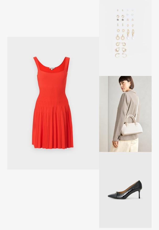 Rochie tricotată roșie cu dantelă în carouri, guler pătrat și design fără mâneci. Fusta are pliseuri, creând o siluetă evazată.; Pantofii cu toc înalt din piele lacuită neagră, cu vârf ascuțit, detalii decorative cu curea în față și toc subțire tip stiletto.; Geantă structurată albă, cu mânere scurte și curea de umăr, având accente din metal aurit și material texturat, expusă pe un fundal gri.; Set de cercei aurii, cu diverse designuri, inclusiv cercei tip stud, cercei hoop și cercei lungi cu perle și strassuri.